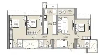 Floor Plan 3 BHK-1057 Sq.ft.